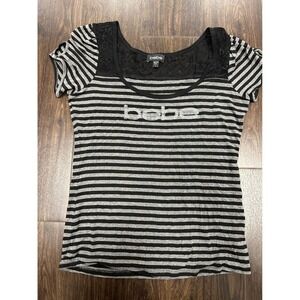 Vintage Y2K Bebe Rhinestone Logo Striped‎ Top - Lace Back - Size L - Made in USA